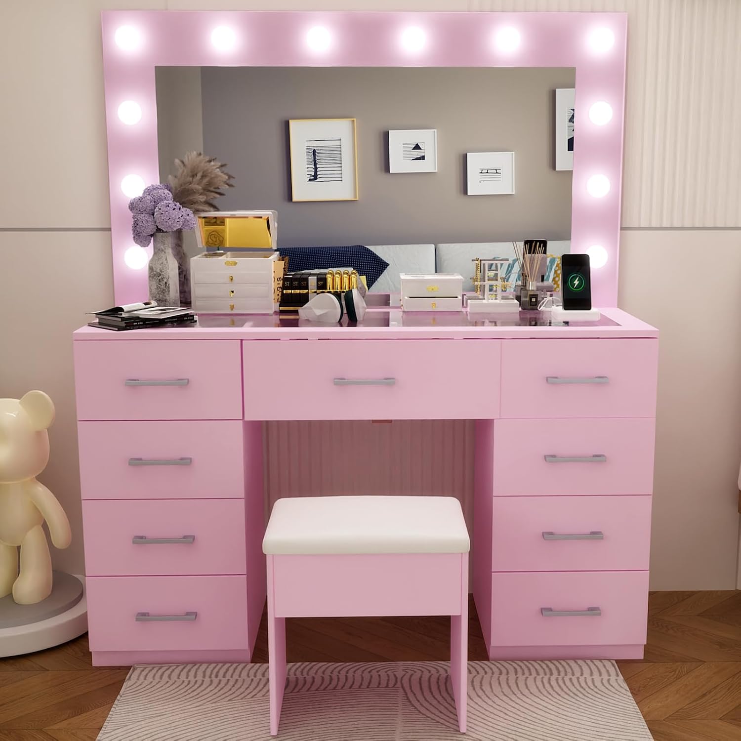 VINGLI Makeup Vanity Desk with Mirror and Lights, Dressing Table with 9 Drawers & Padded Stool, Makeup Table with Glass Top & 12 LED Light Bulbs & Power Outlet for Dressing Room Bed Room, Pink