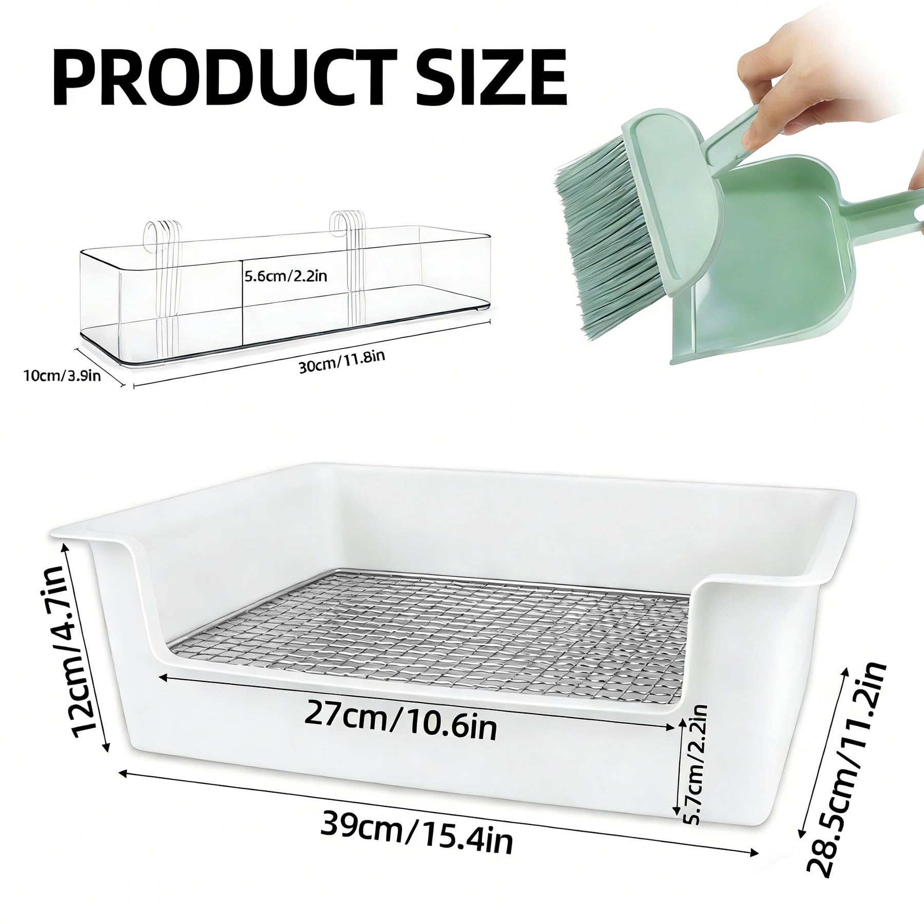 Dmnnlp Stainless Steel Gird Rabbit Litter Box, Low Entry Bunny Litter Pan with Hay Feeder & Broom, Corner Potty Tray for Small Animals Rabbits Guinea Pigs Ferrets, 15.4x11.2x4.8 inch (White) - image 2