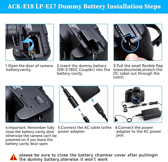 LP-E17 Dummy Battery for Canon EOS R50, ACK-E18 Power Supply Adapter, DR-E18 DC Coupler Kit, fit for Canon EOS R50 R50V R100 R10 R8 RP, Rebel T6i T7i T8i T6s SL3 SL2 77D 800D Cameras.