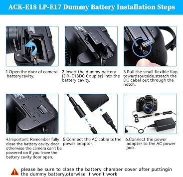 LP-E17 Dummy Battery for Canon EOS R50, ACK-E18 Power Supply Adapter, DR-E18 DC Coupler Kit, fit for Canon EOS R50 R50V R100 R10 R8 RP, Rebel T6i T7i T8i T6s SL3 SL2 77D 800D Cameras.