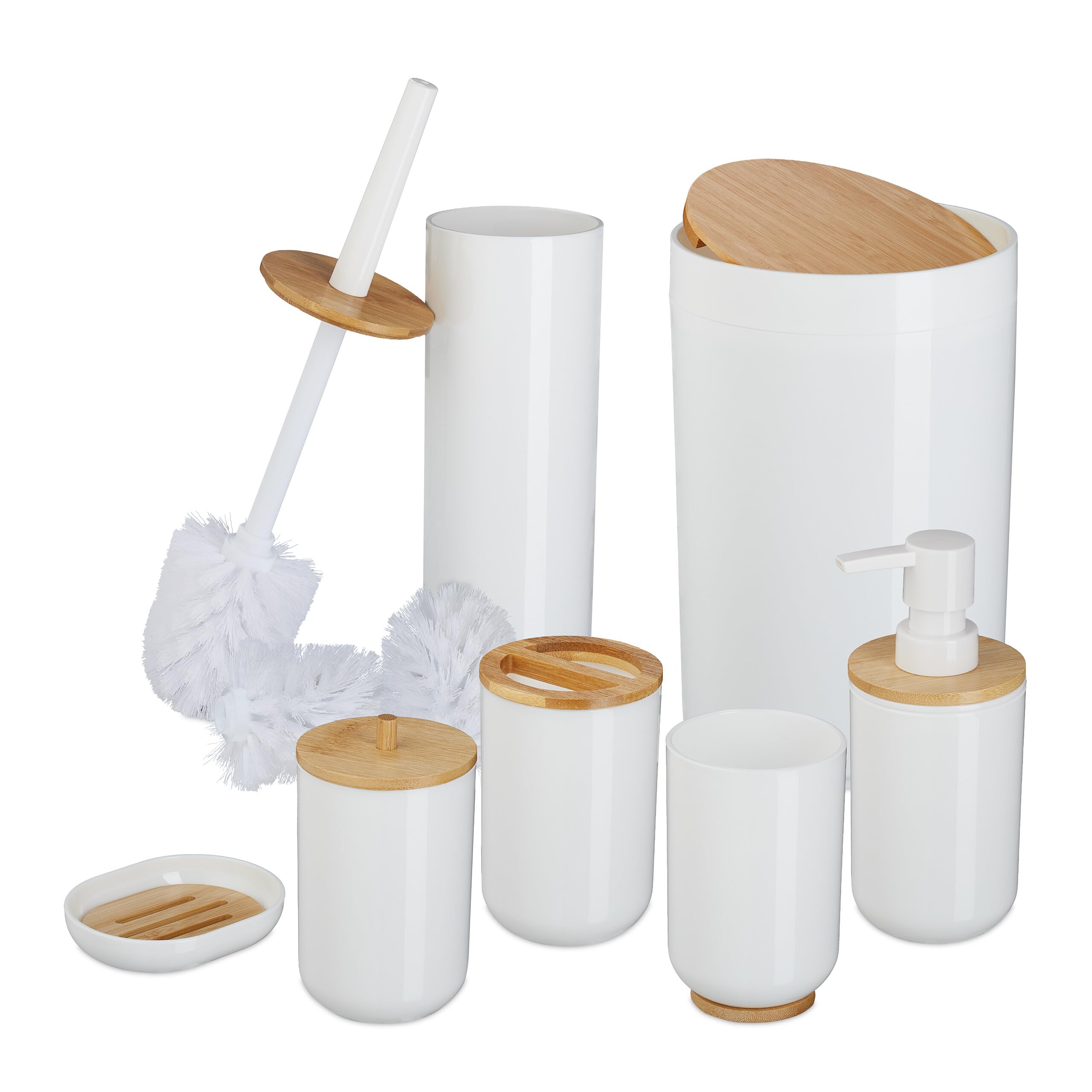 Relaxdays Set Bagno 7 Accessori, Cestino, Scopino WC, Portasapone, Saponetta, Portaspazzolino, Plastica e bambù, Bianco