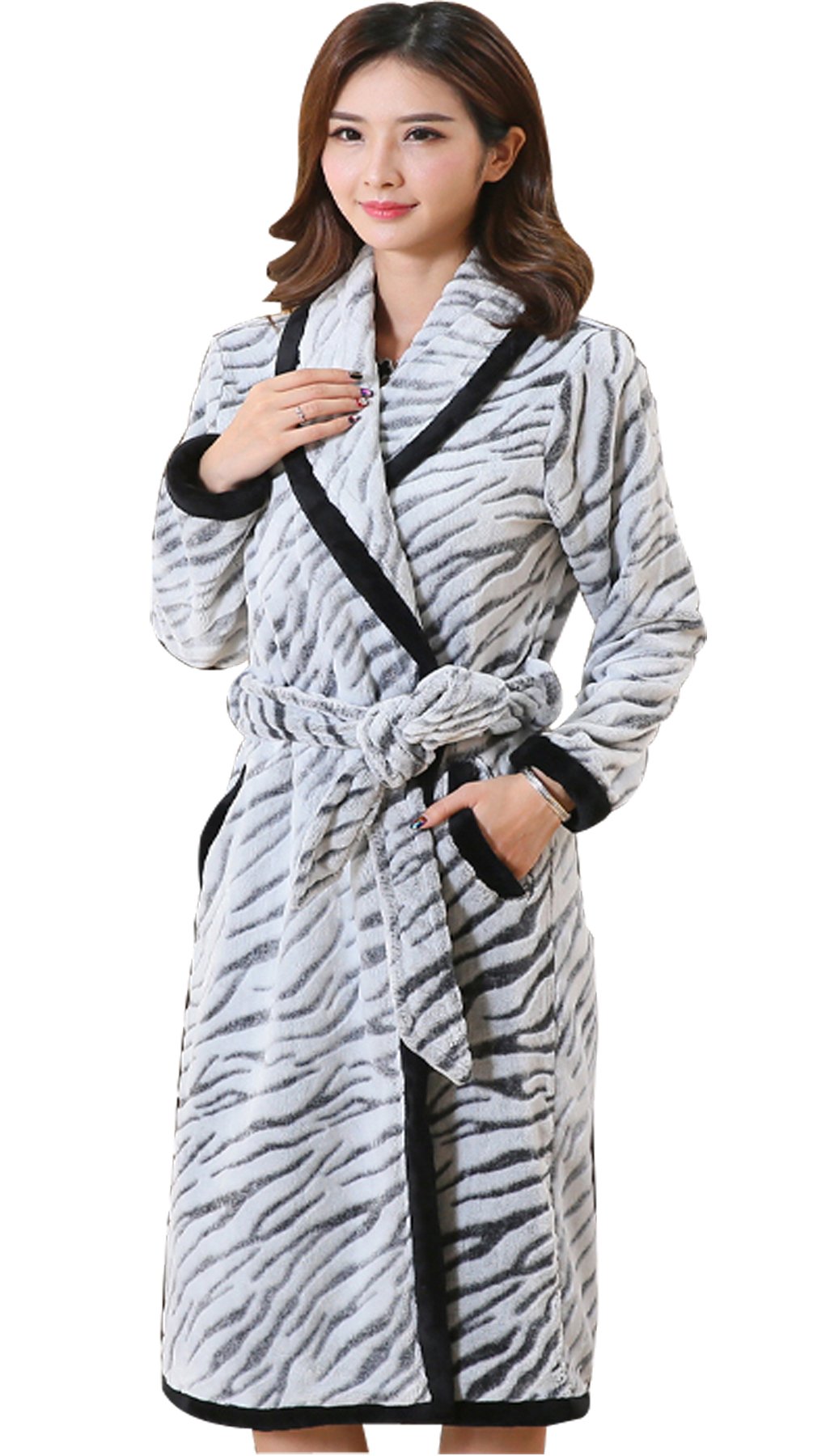 Thick Long Warm Flannel Bathrobe Zebra Leopard Coral Fleece Bathrobe Lovers