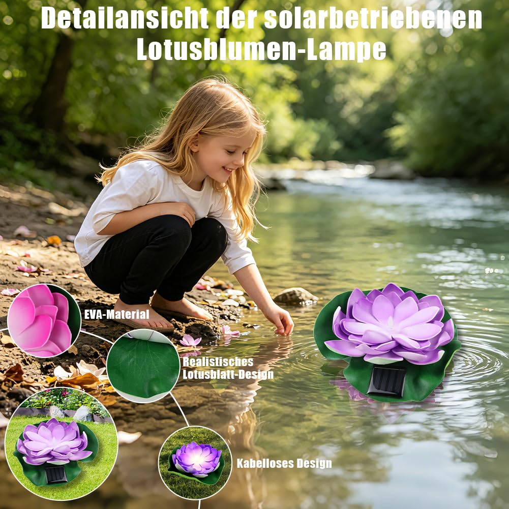 Aohcae 4 Stück Schwimmende Lotuslichter, Wasserdichte Solar Lotusblüte, Seerosen Künstlich Solar für Garten Hof, Schwimmbad, Brunnen und Aquarien