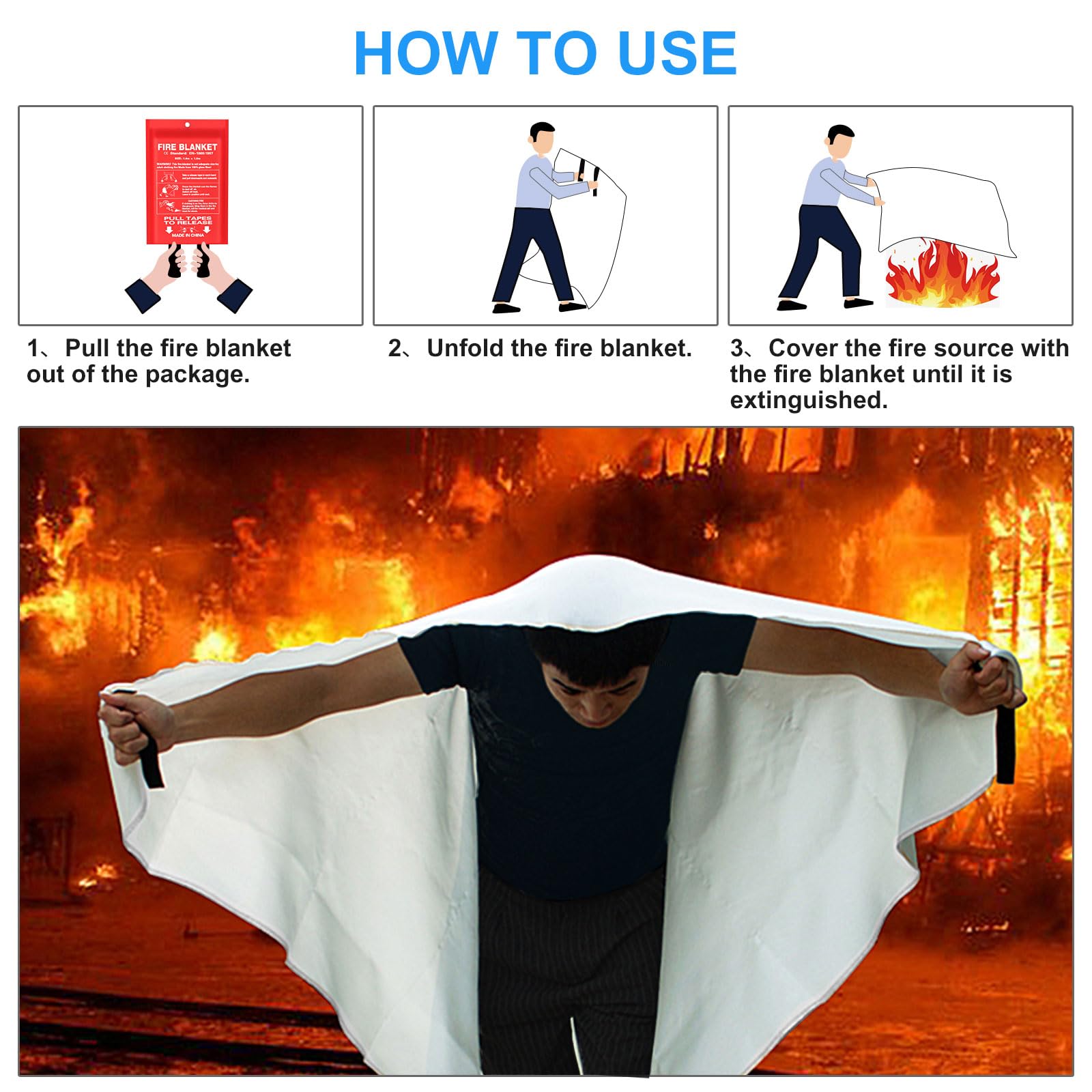 Coperta antincendio di emergenza per cucina e casa, confezione da 4, 100 x 100 cm, in fibra di vetro, coperte antincendio per sopravvivenza, coperta ignifuga per persone