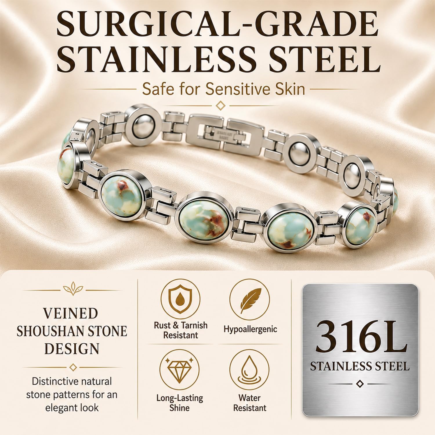 JEROOT Magnetic Bracelet for Women, 8 Colors, Natural Stone Stainless Steel image 2
