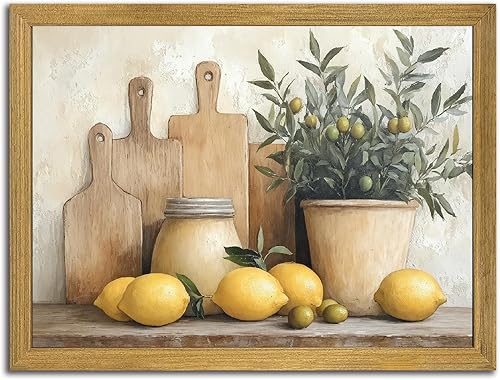 Arte de pared vintage con marco de madera, decoración de pared de limón amarillo, pinturas al óleo, arte de lienzo rústico de granja, cuadros para