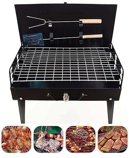 LAVNIK Barbecue Grill stand Foldable Briefcase Style charcoal griller, Portable Barbeque Grill Toaster with lid, Charcoal BBQ Grill Toaster Oven, Tandoori Coal Stove for Home Camping, Picnic and Travelling and Outdoor - Black