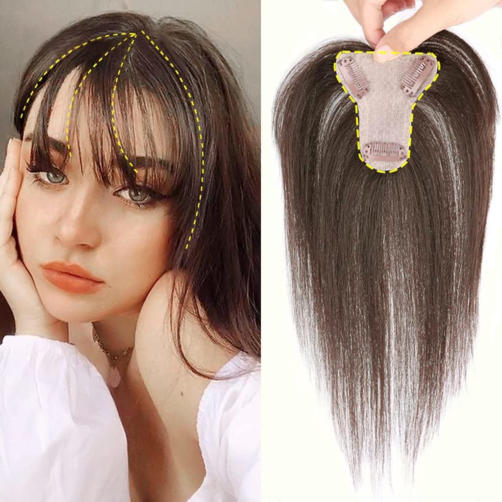 Invisible Straight Topper 3D Air Bangs Clip In Hairpiece Human Hair Wiglet For Women's Thin Hair (Natural Color,7x8-20cm)