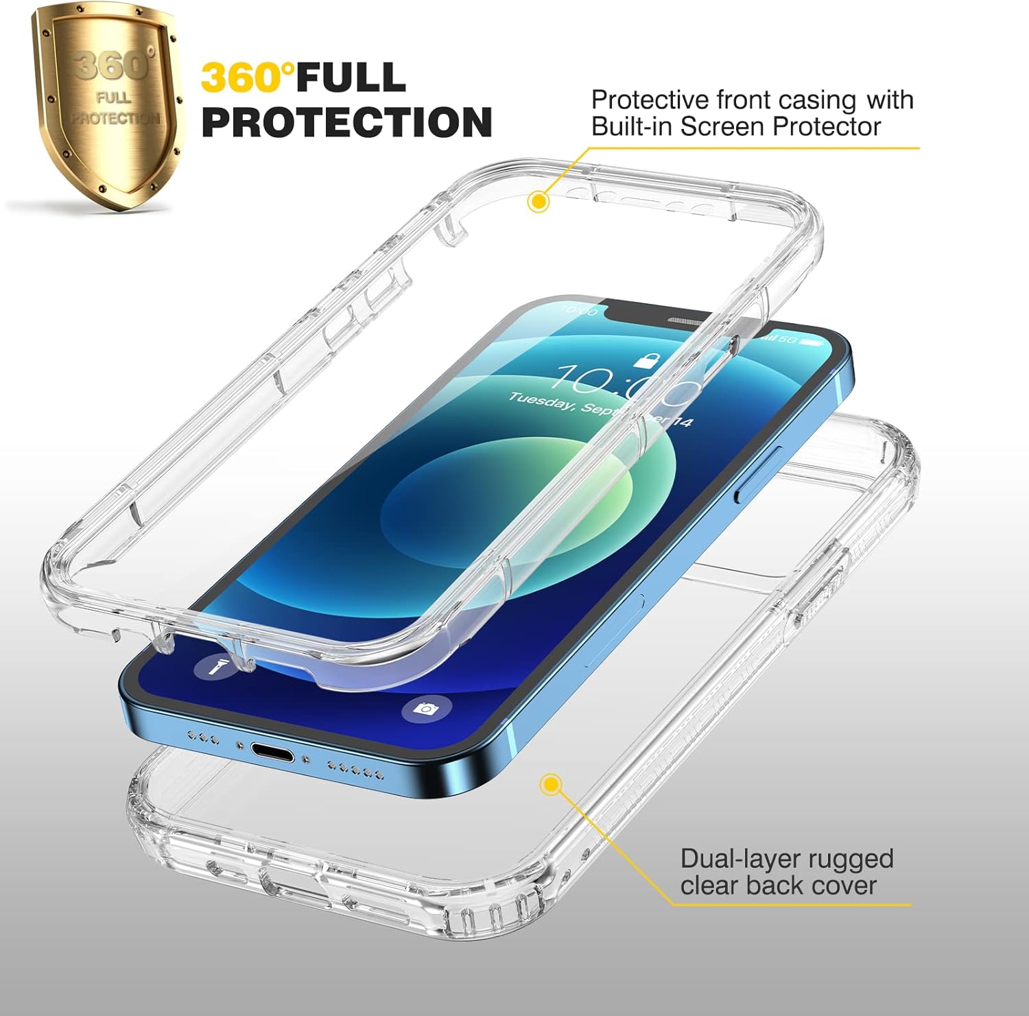 Diaclara Designed for iPhone 12/12 Pro Case, Full Body Rugged with Built-in Touch Sensitive Anti-Scratch Screen Protector, Soft TPU Bumper Case for iPhone 12/12 Pro 6.1" (Clear) - Image 2