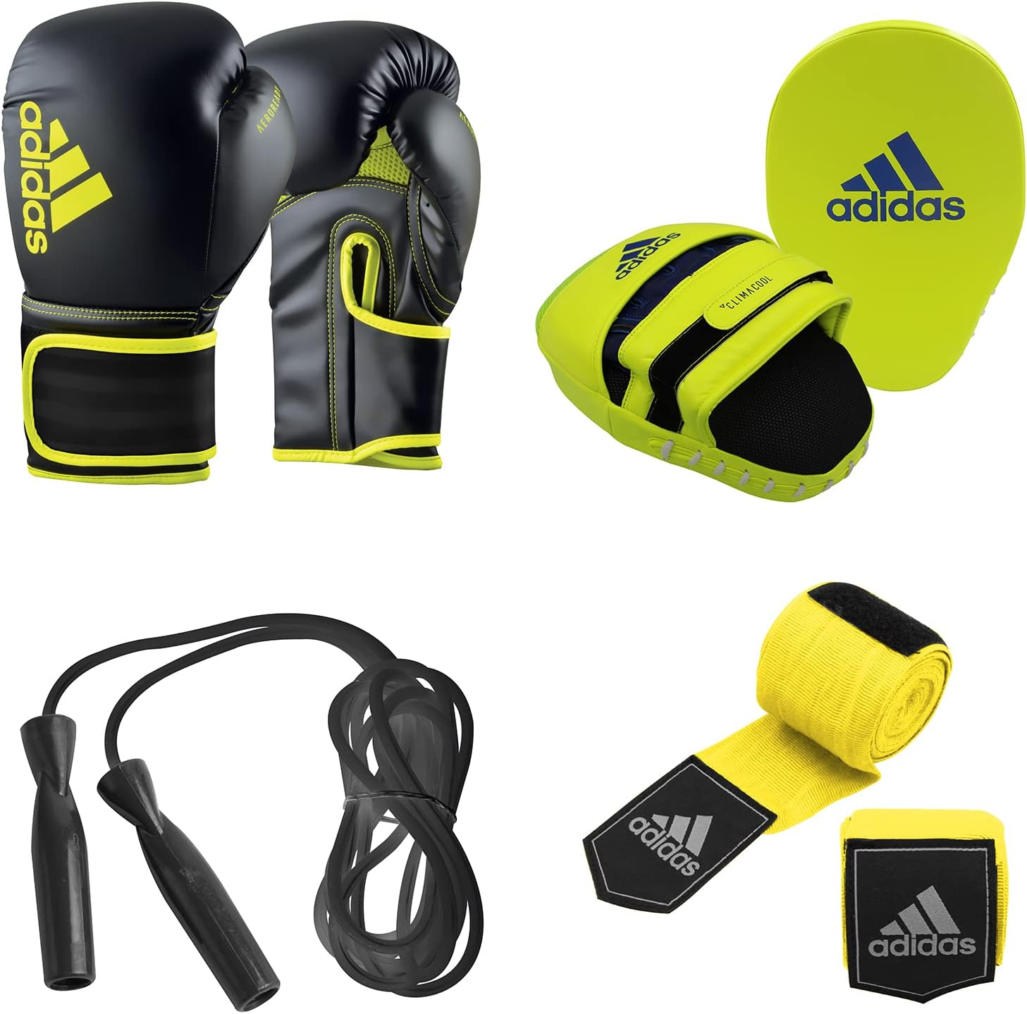 Adidas Boxing and Training Bundle - Hybrid 80 Boxing Glove + Focus Mitts + Hand Wraps + Jump Ropes for Boxing, Training, Fitness, & Gym – for Men, Women, & Unisex