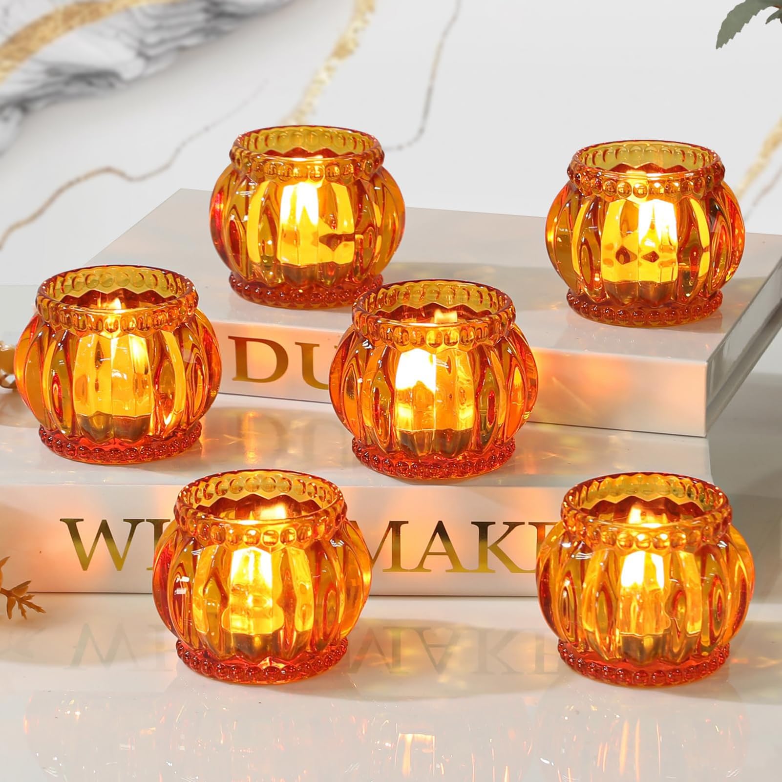 Set Of 6 Candle Holder - Amber Scented Candlestick, Ribbed Glass Candle Holder, For Pillar Candles Sticks Holder/Halloween/Christmas Decorations/Table Centerpiece