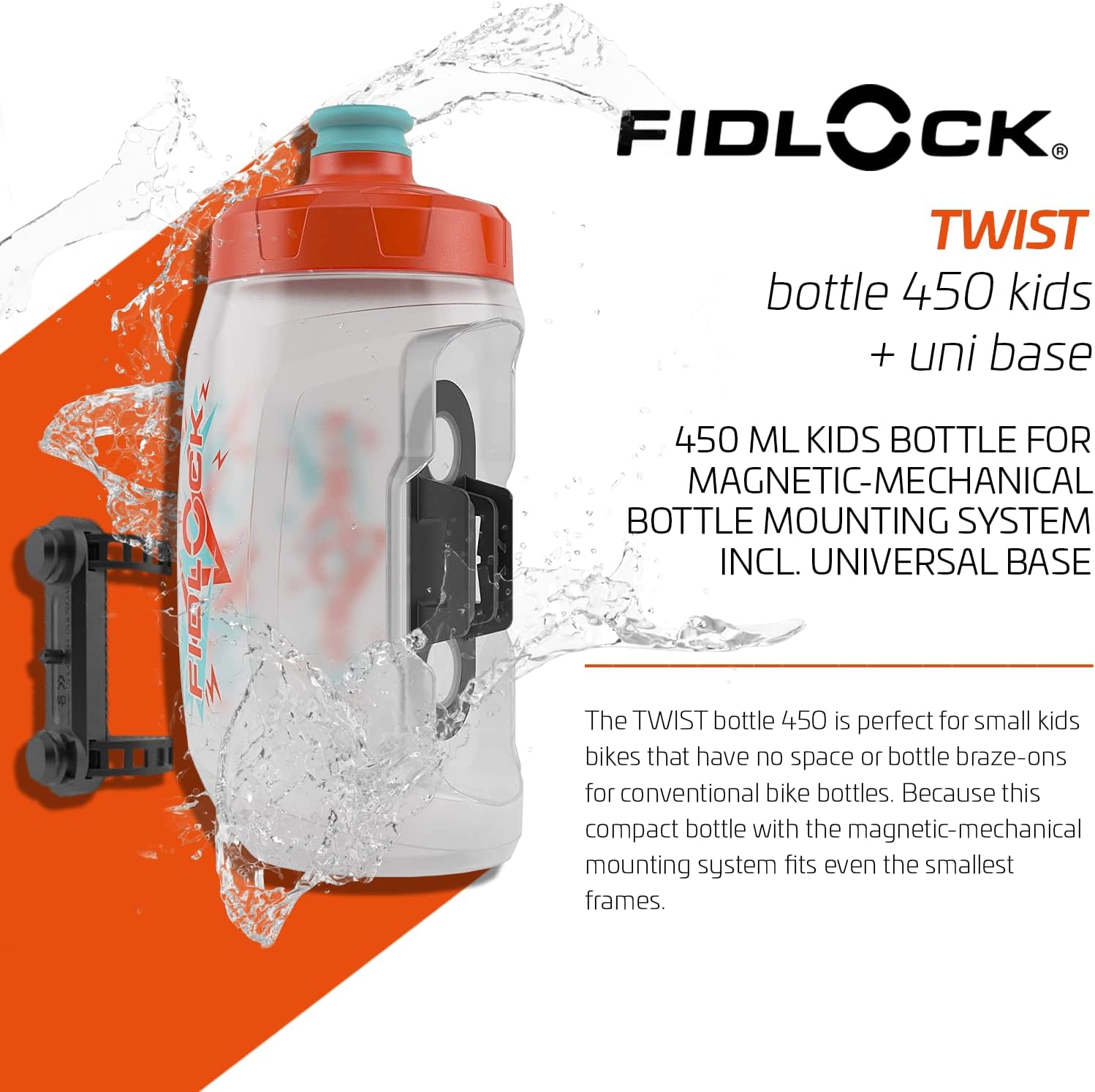 FIDLOCK Twist Bottle 450ml/15oz + Universal Base Set | New Leak-Proof, Self-Sealing Bottle Cap | Bike Water Bottle Holder with No Screws & Attached Bottle | Cage Free Magnetic Rack | Clear
