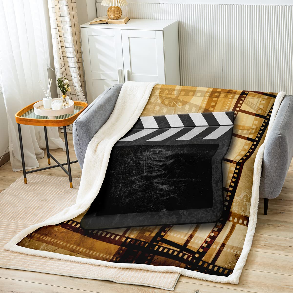 Coperta in pile a tema cinema vintage per bambini retrò film peluche coperta cinema poster design coperta sherpa decorazione camera da letto giallo nero sfocato coperta regina 200 x 200 cm