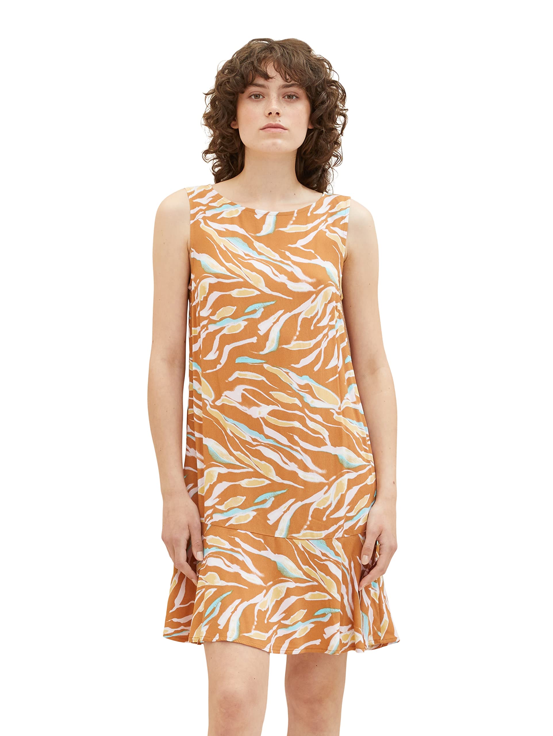 TOM TAILOR Ladies Summer Dress with Flounce, 31758 - Brown Abstract Leaf Design, 8