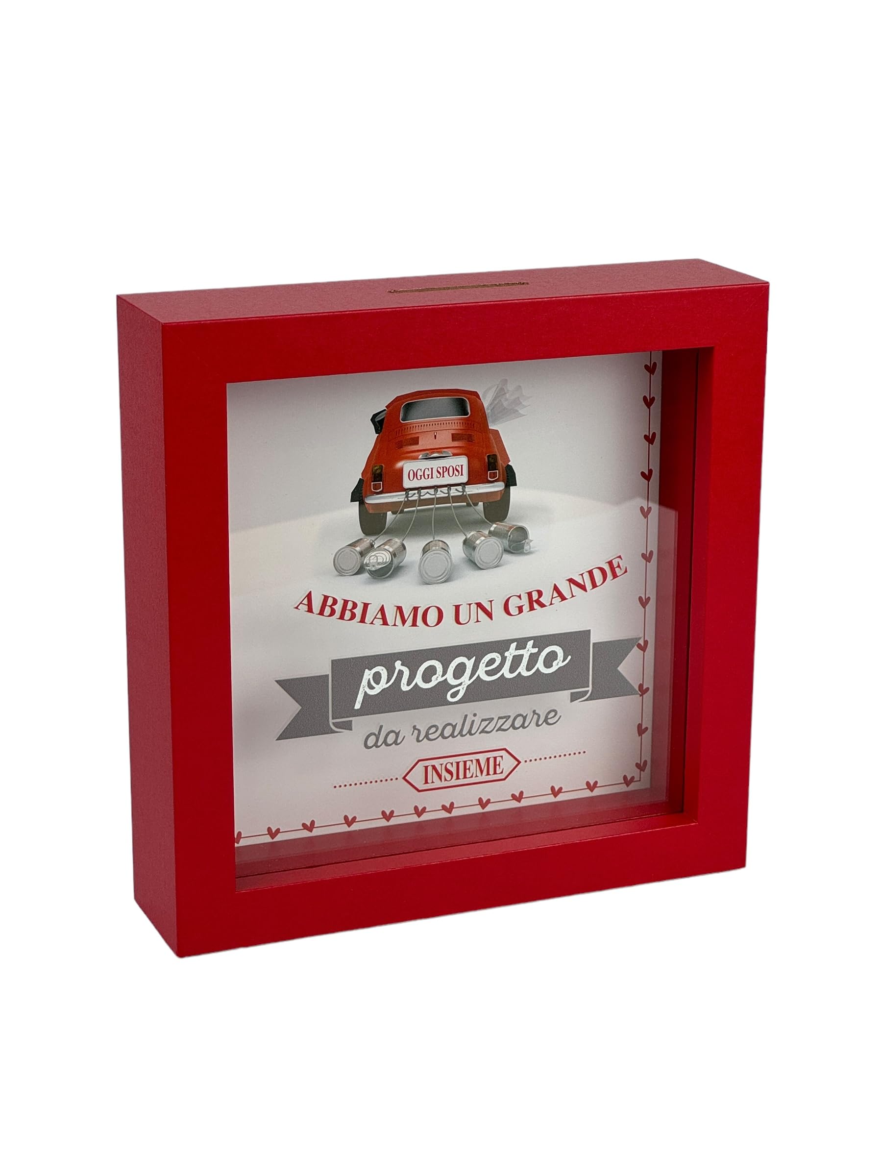 Decorative Wooden Money Box, Car Design Today Bride and Groom, Red Frame, 16 x 16 cm, Wedding Gift