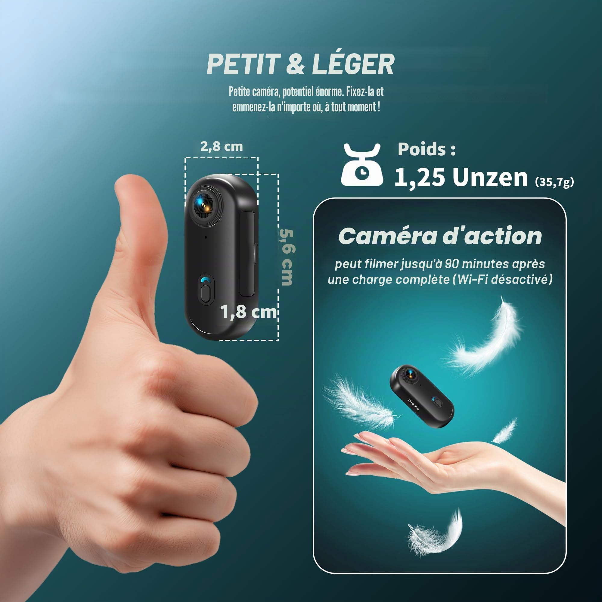 Mini Camera Sport,4K Action Cam WiFi et Carte mémoire 16 Go,caméra POV sous-Marine étanche jusqu'à 30 m, 360 ° pour Casque de vélo,caméra corporelle,bodycam,Camera Waterproof,Petite caméras