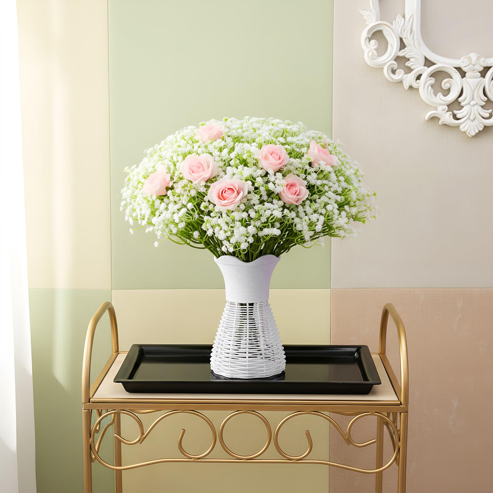 Leinuosen Künstliche Blumen in Rattan-Vase, 12-teiliges Set, Schleierkraut, künstliche Blumen, Großpackung mit 12 weißen Blumenvasen, Korb für Hochzeit, Party, Zuhause, Garten, Tischdekoration, 12