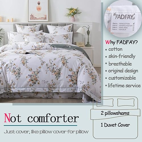 Miniatura 2 de FADFAY Juego de funda de edredón tamaño individual XL, ropa de cama floral de algodón percal de 600 hilos, ropa de cama suave reversible con