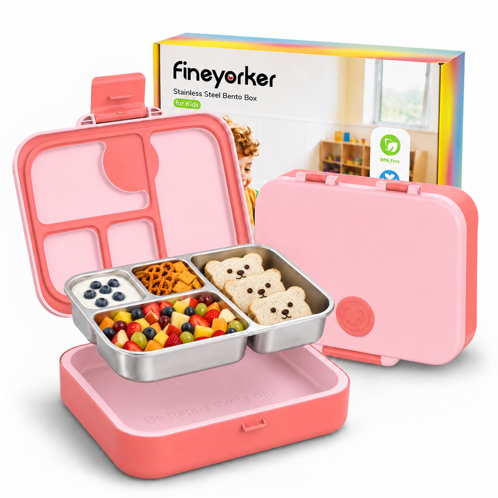 Photo 1 of FINEYORKER Kids Stainless Steel Bento Lunch Box - 4 Compartments, Pink