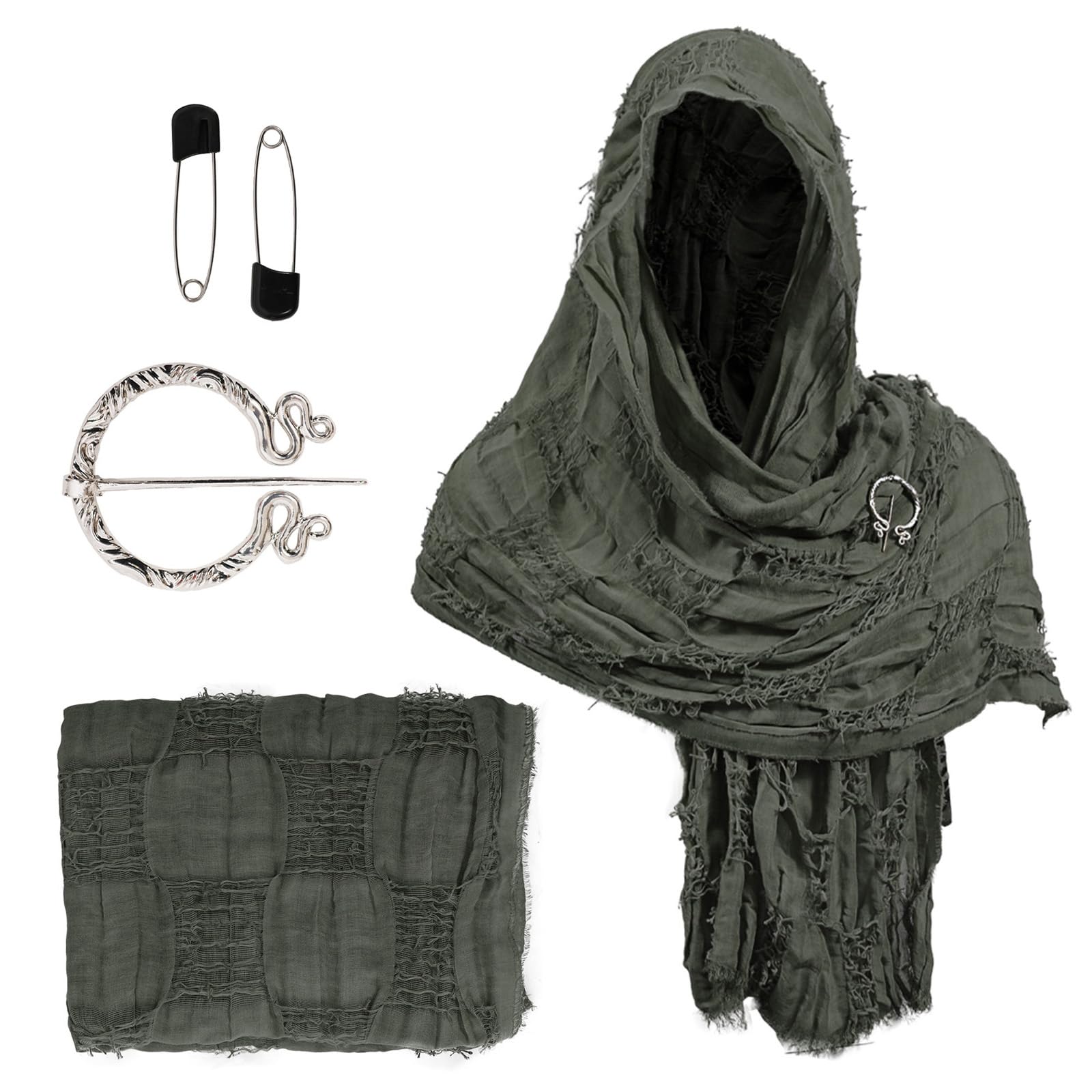 MHADBKH Post Apocalyptic Scarf Wrap Distressed Shawl with Brooch Pin Medieval Cosplay Headwear Historical Costume Accessories Medieval Cloak