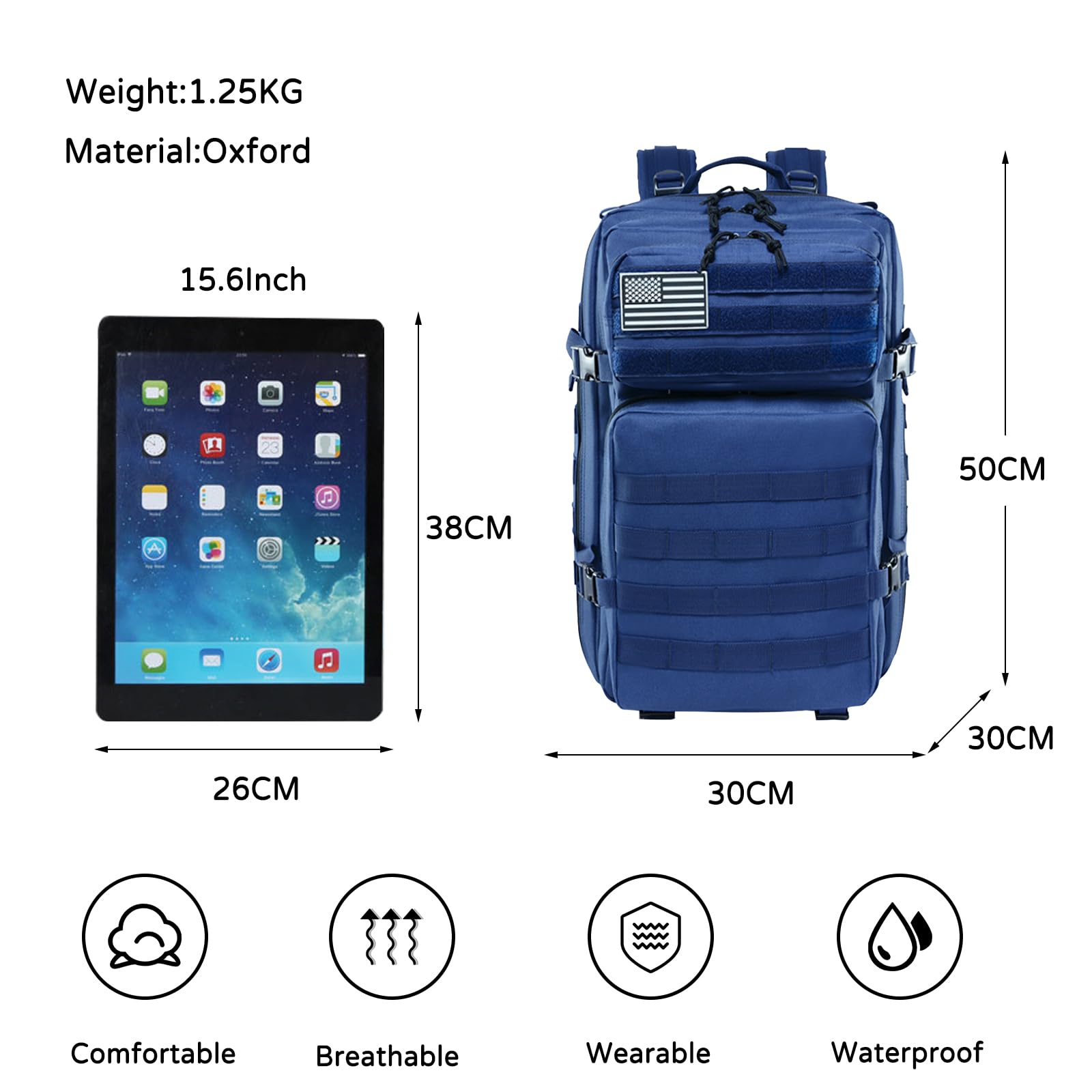 Zaino Tattico Outdoor Zaino Militare da 45L Molle Trekking Zaini Tessuto Oxford Impermeabile 900D per Trekking Campeggio Viaggio Blu