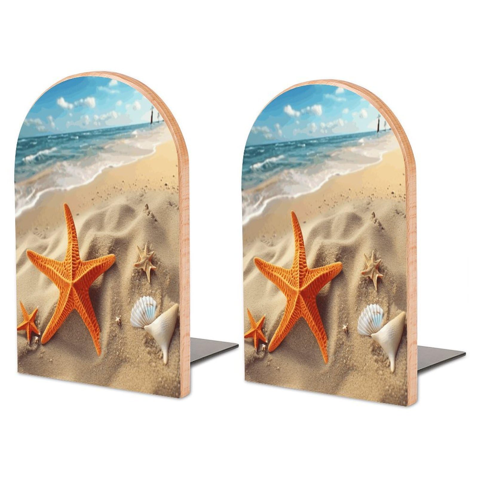 Sea Beach Starfish Bookend for Shelves Non-Skid Book Holder Modern Heavy Duty Bookend Stopper Metal Base Wood Book End Books Shelf Holder Home Decorative 1pair 6.7x3.9x4.7