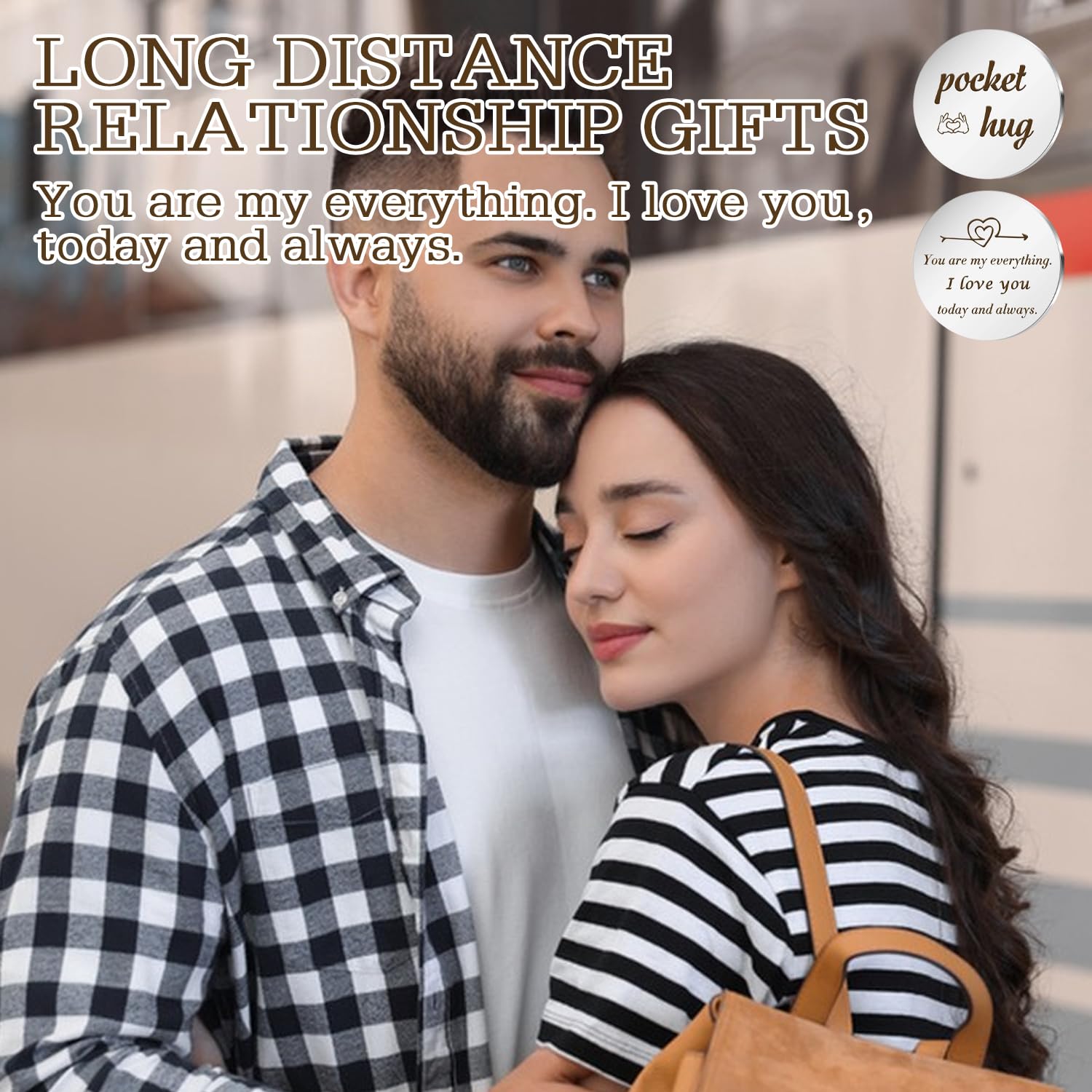 Onperpoe Câlin de poche avec étui en cuir « I Love You » - Cadeaux pour lui, petite amie, cadeaux pour lui, elle, petit ami, cadeau de relation longue distance - Jeton en acier inoxydable, Argenté.,
