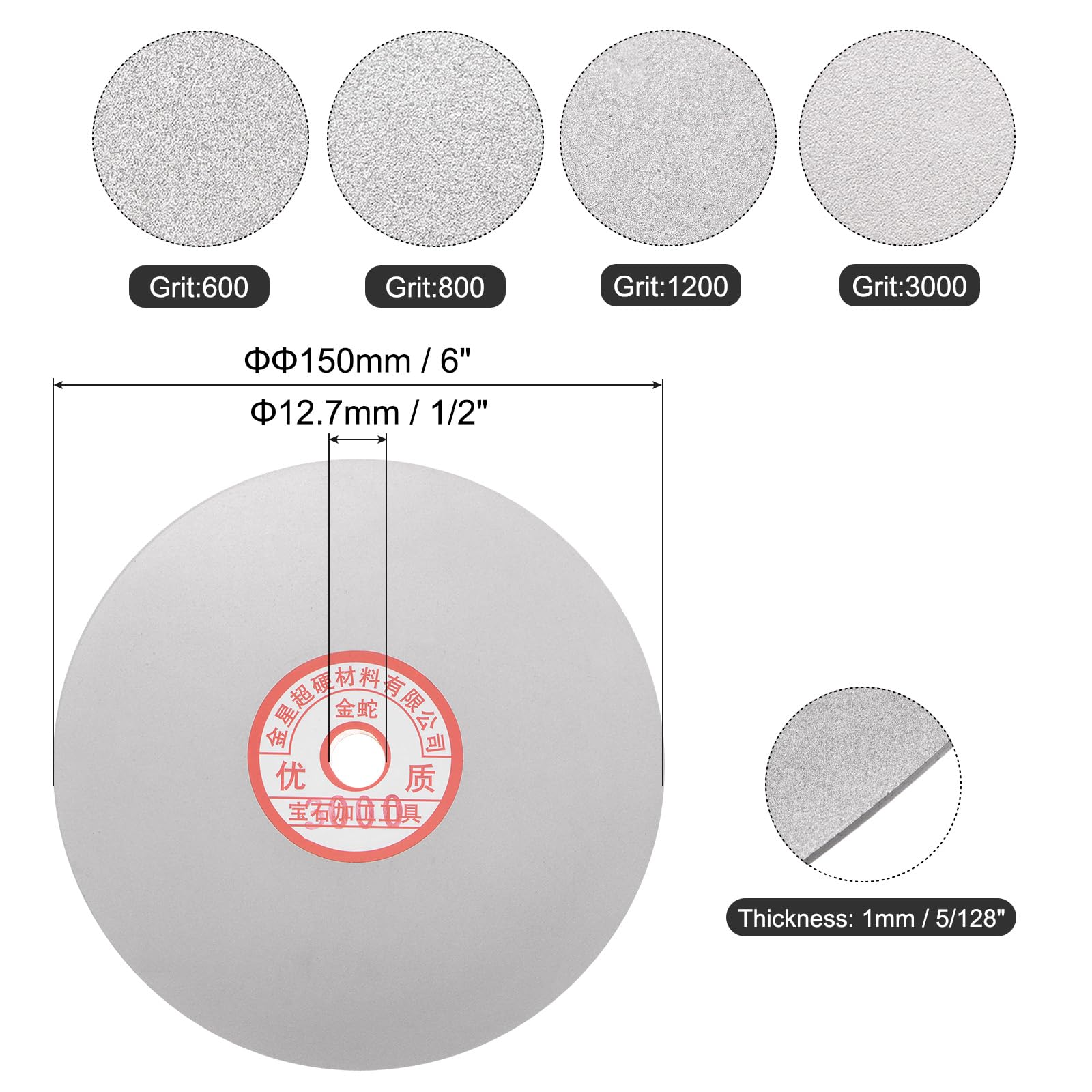 uxcell Set di 4 dischi abrasivi diamantati, 150 mm, grana 600/800/1200/3000 con foro per pergolato, dischi piatti per lucidatura di pietre preziose, piastrelle, vetro, pietra, metallo