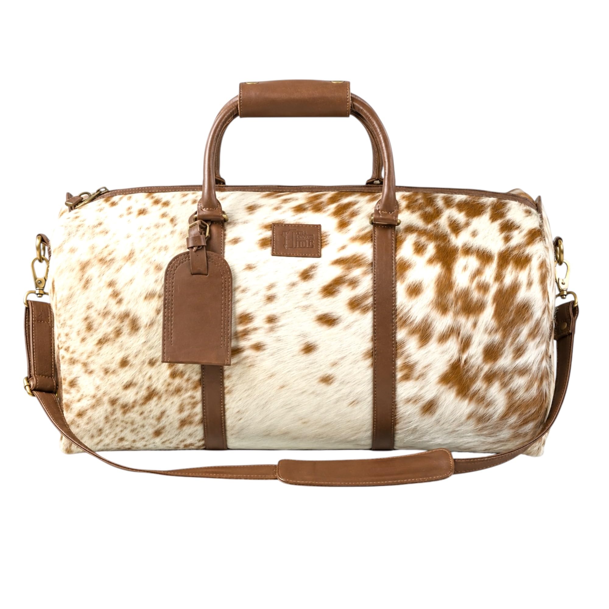 Bolsa de viaje unisex de piel de vacuno auténtica, bolsa de viaje para fin de semana, equipaje de noche de cuero vacuno marrón blanco con correa para el hombro, bolsa de viaje de mano, bolsa de viaje