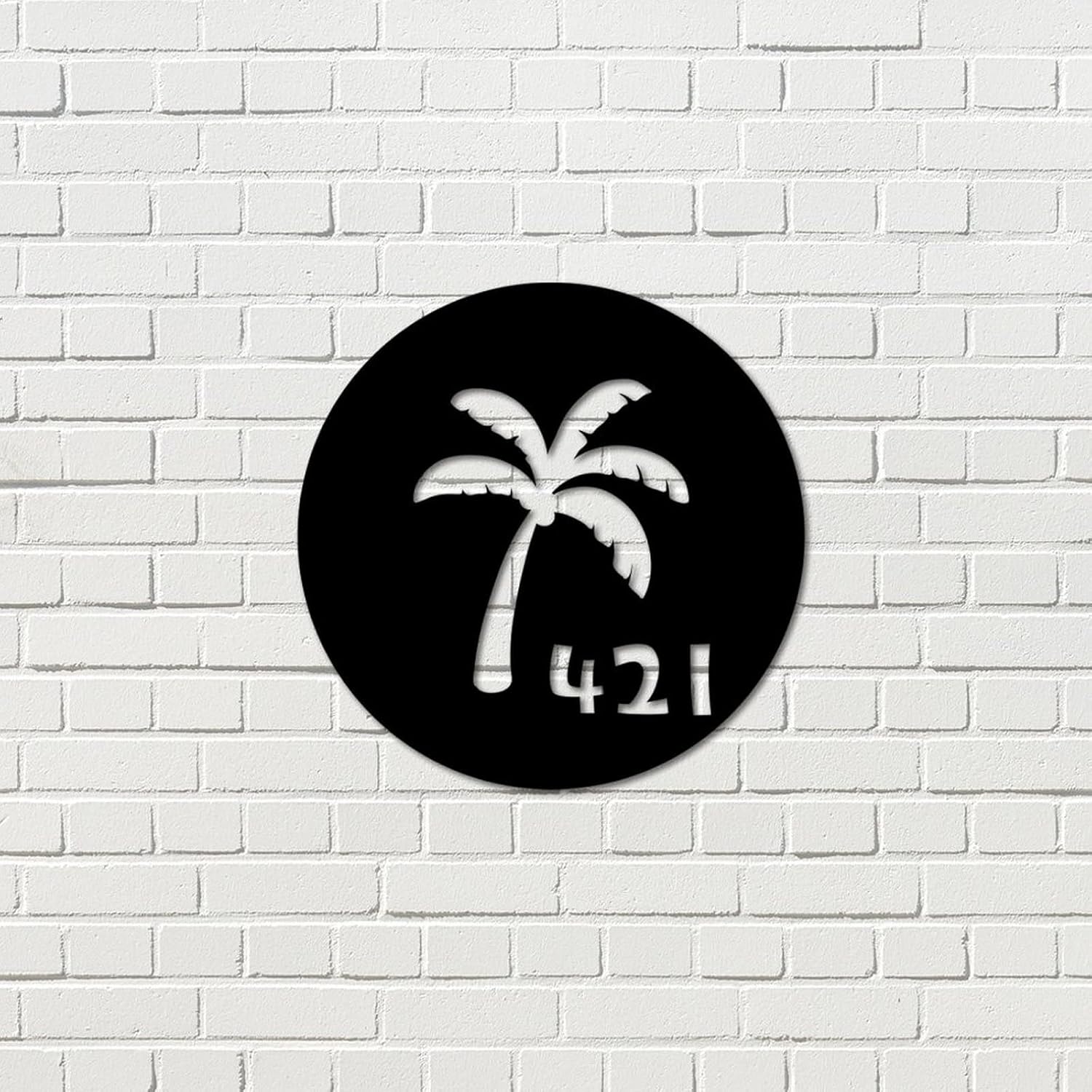 Address Sign Customized Personalized Palm Tree House Number Address Metal Sign 6 House Numbers Wall Decor Art Outside Decorations Aluminum Vintage for House, Street, Door 3D Rust-Free Housewarming