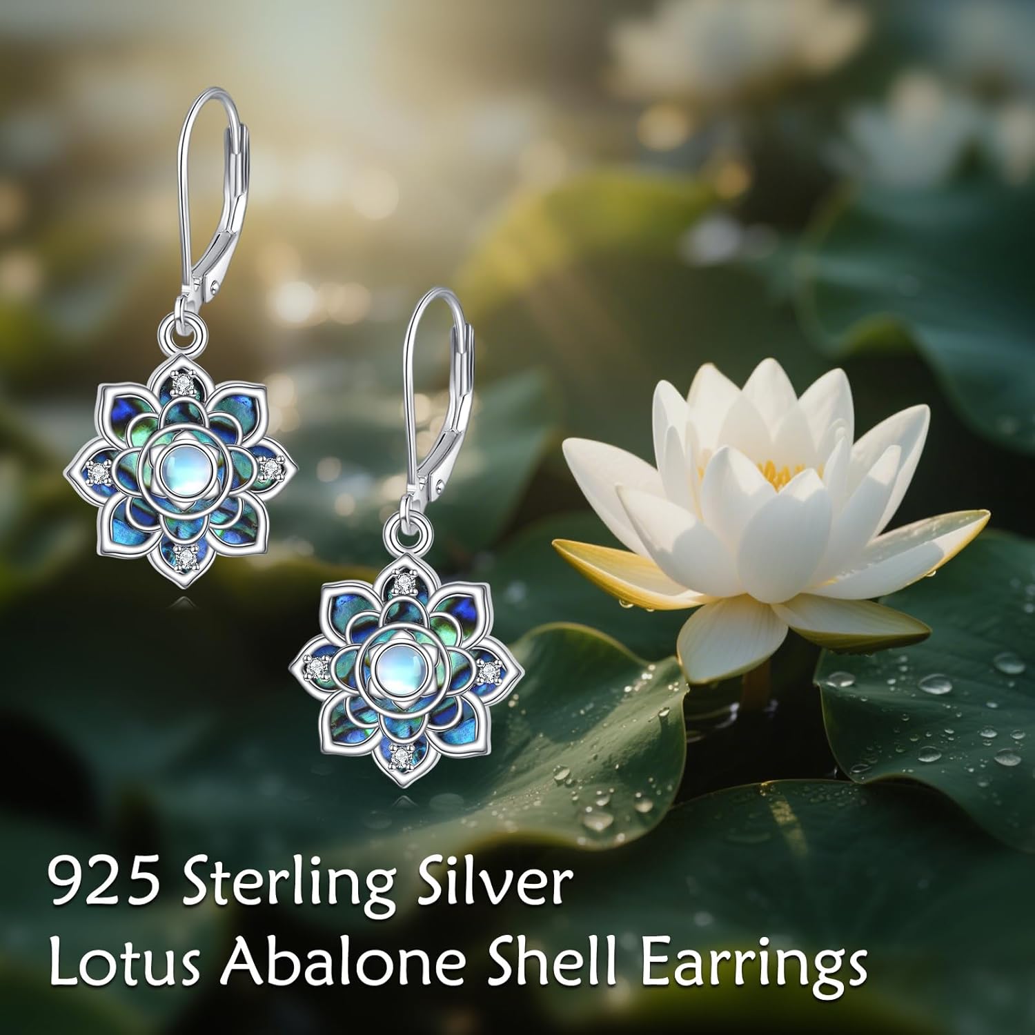 VONALA Lotus Earrings for Women 925 Sterling Silver Abalone Shell Flower Earrings Drop Dangle Leverback Lotus Jewelry Gifts for Her - Image 2
