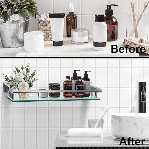 Miniatura 6 de Estantes de vidrio para baño, estante rectangular de acero inoxidable cromado de 20 pulgadas, estante de vidrio templado para montaje en pared,