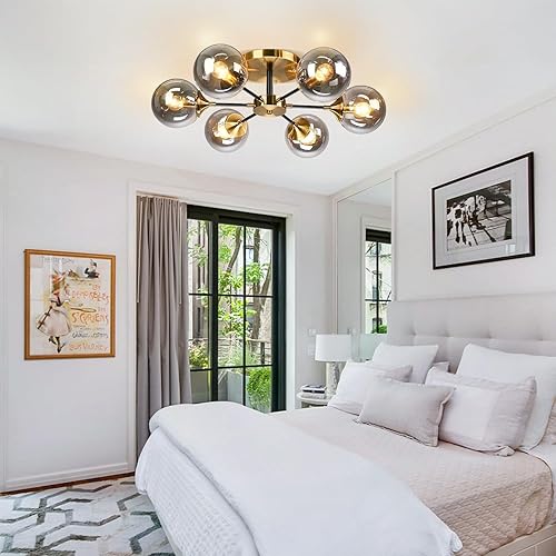 Miniatura 8 de KCO Lighting Lámpara de techo moderna con globo dorado de 6 luces, latón cepillado, cerca del techo, lámpara de baño de mediados de siglo, pantalla