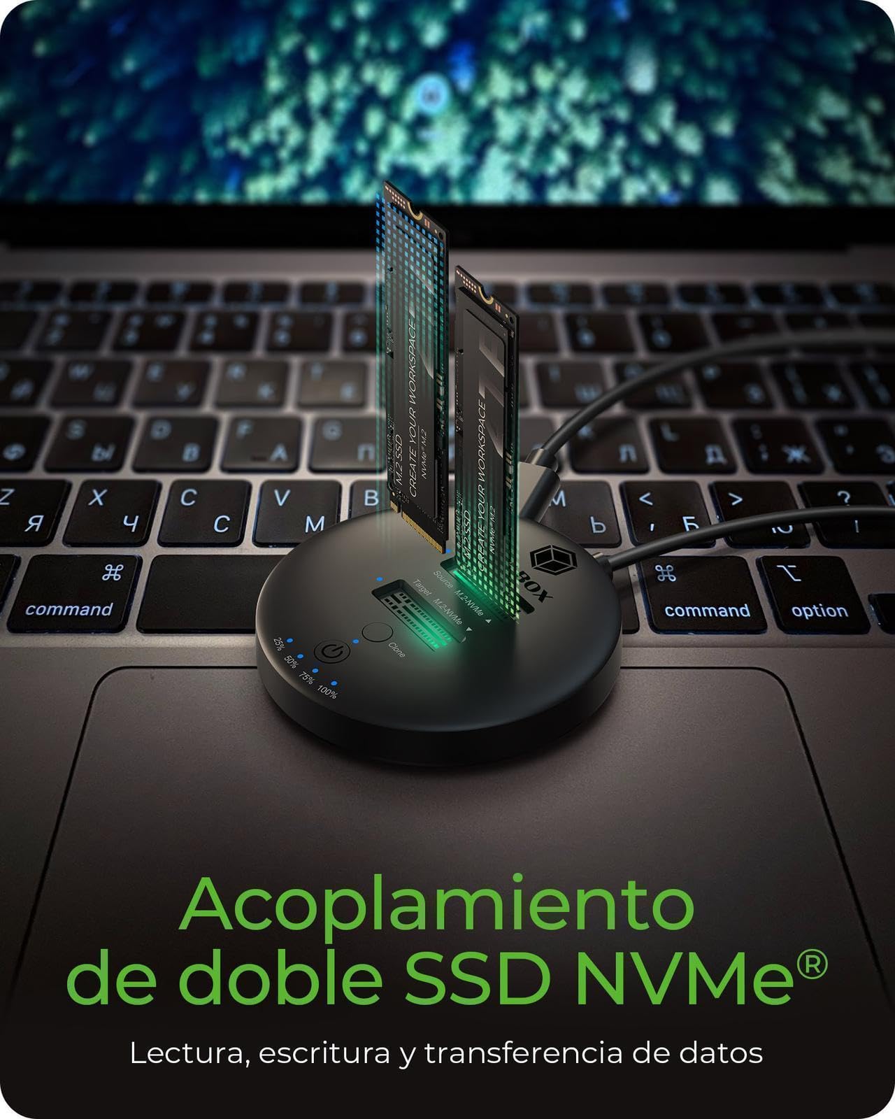 Icy Box M.2 NVMe - Estación de Acoplamiento y clonación SSD USB-C 3.1 Gen 2, hasta 10 Gbps, Doble bahía, clonación autosuficiente sin PC, para SSD de 22 x 30/42/60/80/110 mm, IB-1612MCL-C31