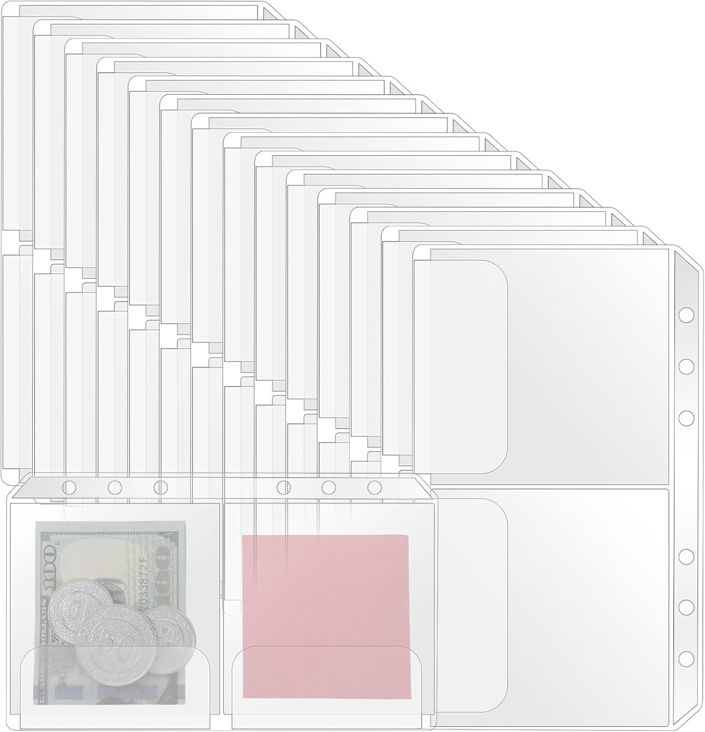 TIESOME 15 Pack Multi-Compartment Zippered Binder Pocket Sleeves for 6 Ring A6 Binder, Divided Zipper Pouch Money Cash Saving Budget Binder Insert Refill Card Page Protectors Loose Leaf Bags (2-Pocket