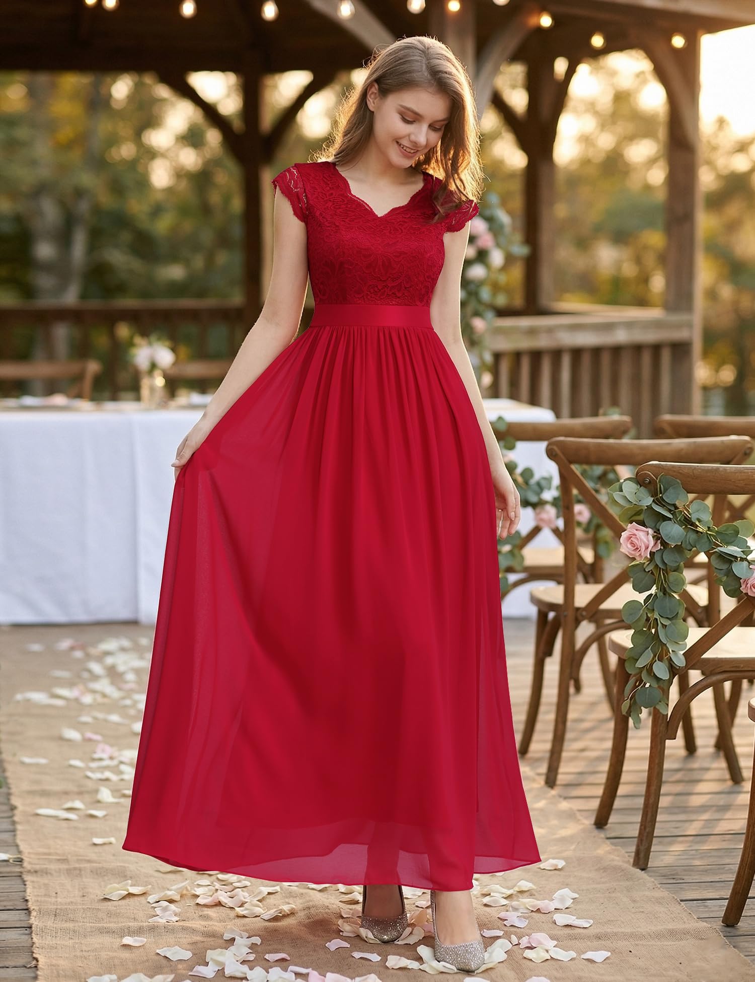 Aupuls Vestido De Noche Mangas Cortas con Volantes Maxi De Suave Gasa Y Encaje Elegante Mujer