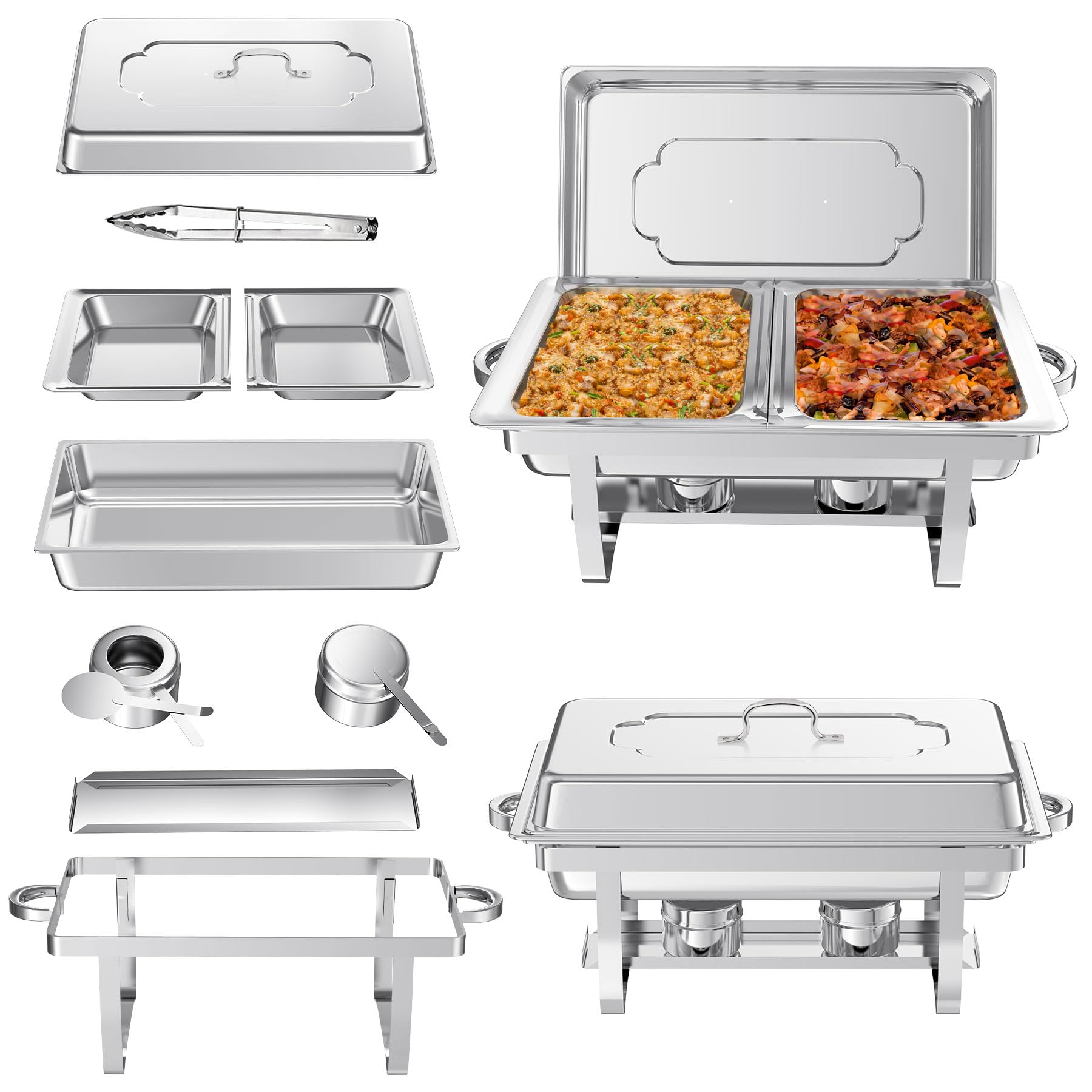 NArra Lot de 2 Plats à réchaud pour Buffet, 9 L, en Acier Inoxydable, avec bacs à Nourriture Demi-Taille, Chauffe-Plats Pliables pour fêtes, Mariages, dîners, buffets