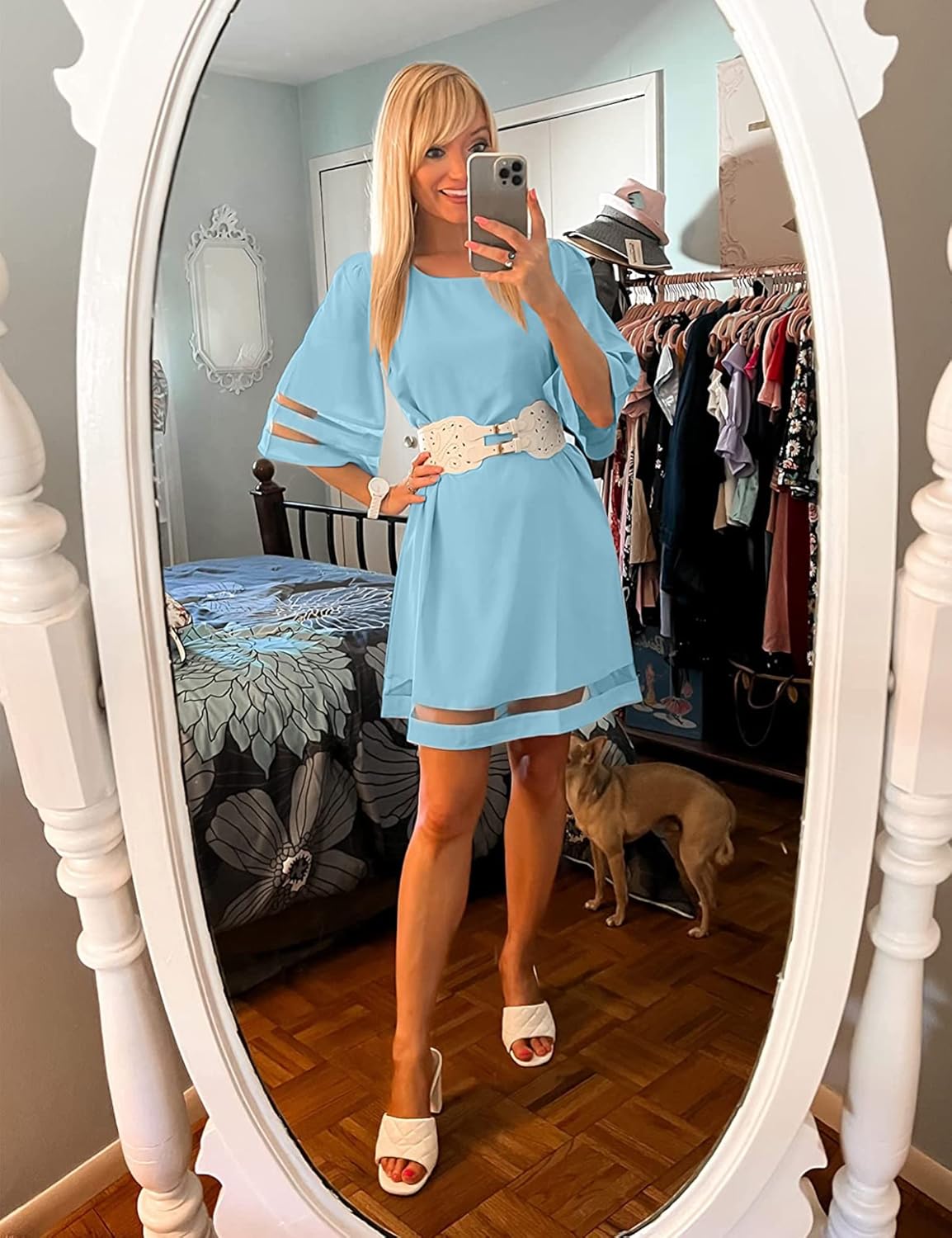 LookbookStore Women Casual Crewneck Mesh Panel 3/4 Bell Sleeve Loose Tunic Dress - Image 3