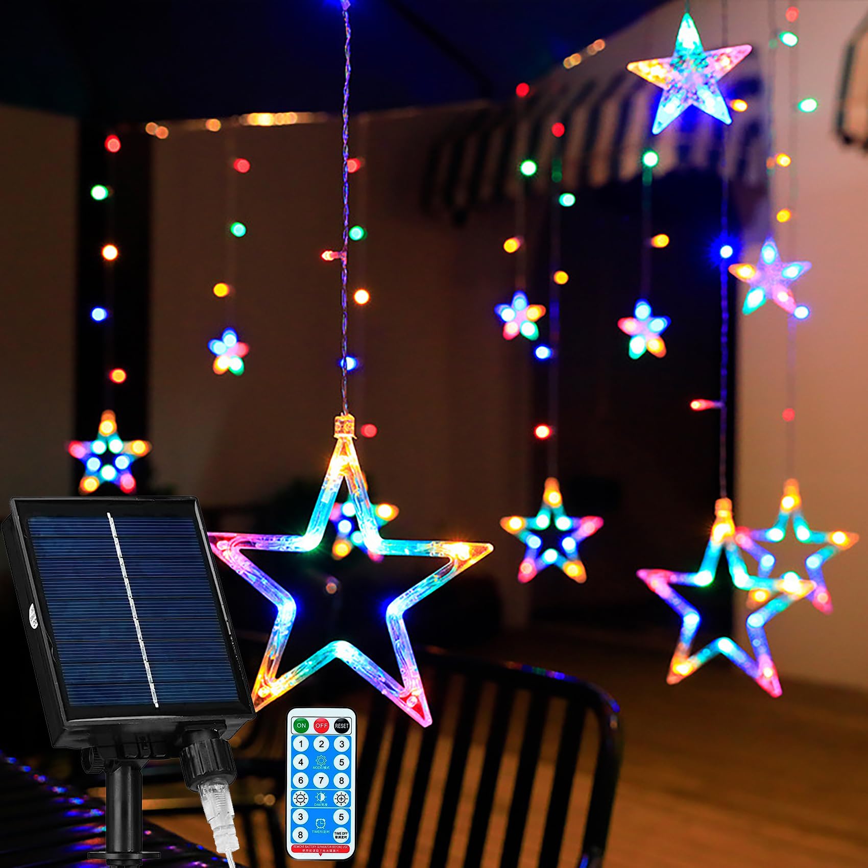 Tenda Luci LED Solare 138 LED Impermeabile Stella Luna Tenda Luminosa con Telecomando, 8 Modalità Illuminazione per Natale, Feste, Compleanno, Matrimoni, Finestra (Multicolore)