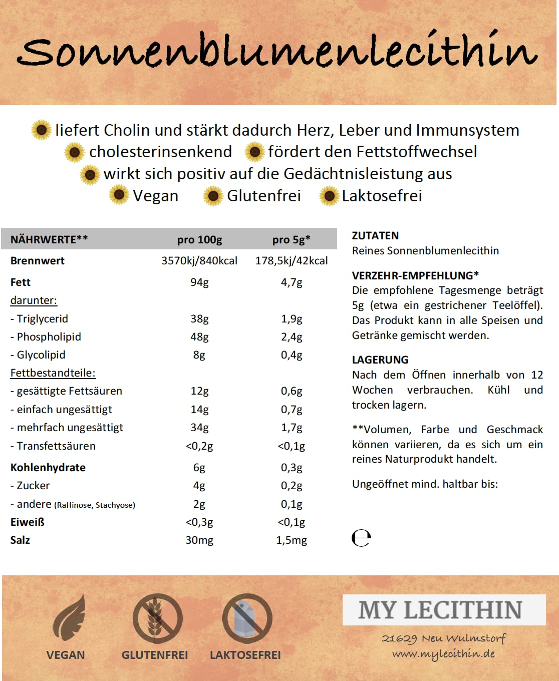 Sonnenblumen-Lecithin 250g | Reinlecithin | Hohe Bioverfügbarkeit | Qualität aus Deutschland | vegan