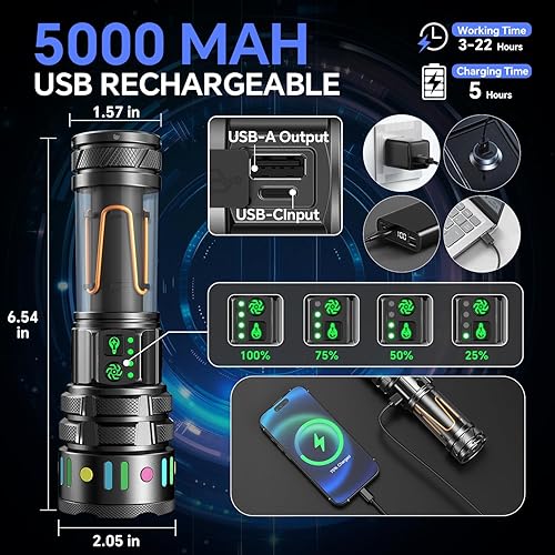 Miniatura 5 de Linterna recargable de alto lúmenes, 3000 lúmenes, 5000 mAh, súper brillante, linterna de campamento de altos lúmenes con 11 modos, impermeable,