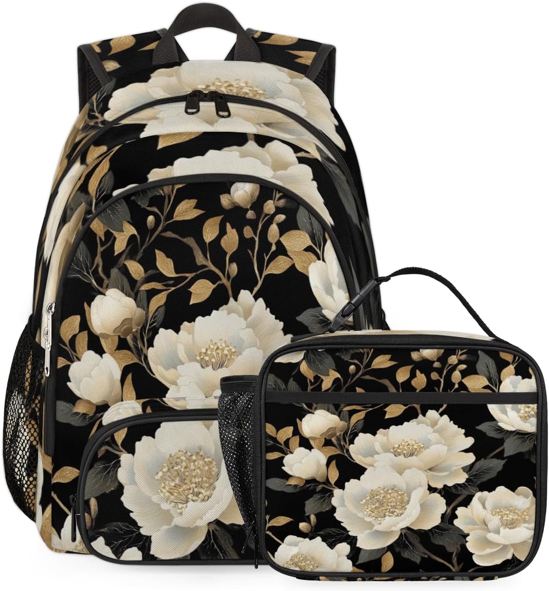 Large Capacity Backpack Set White Peony Floral