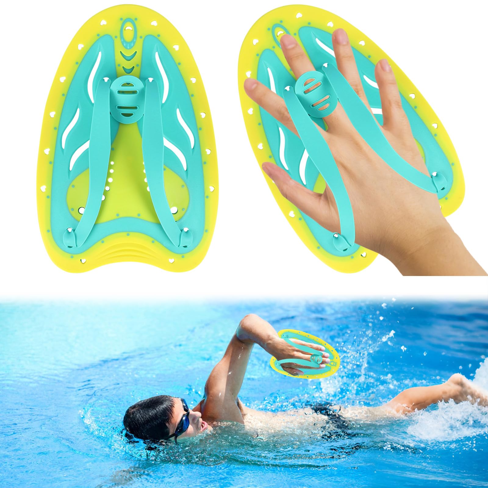 1 Pair Swim Paddle for Adult and Junior Unisex Colorful Hand Paddles with Adjustable Silicone Straps Swimming Strength Training Equipment (Yellow Blue)