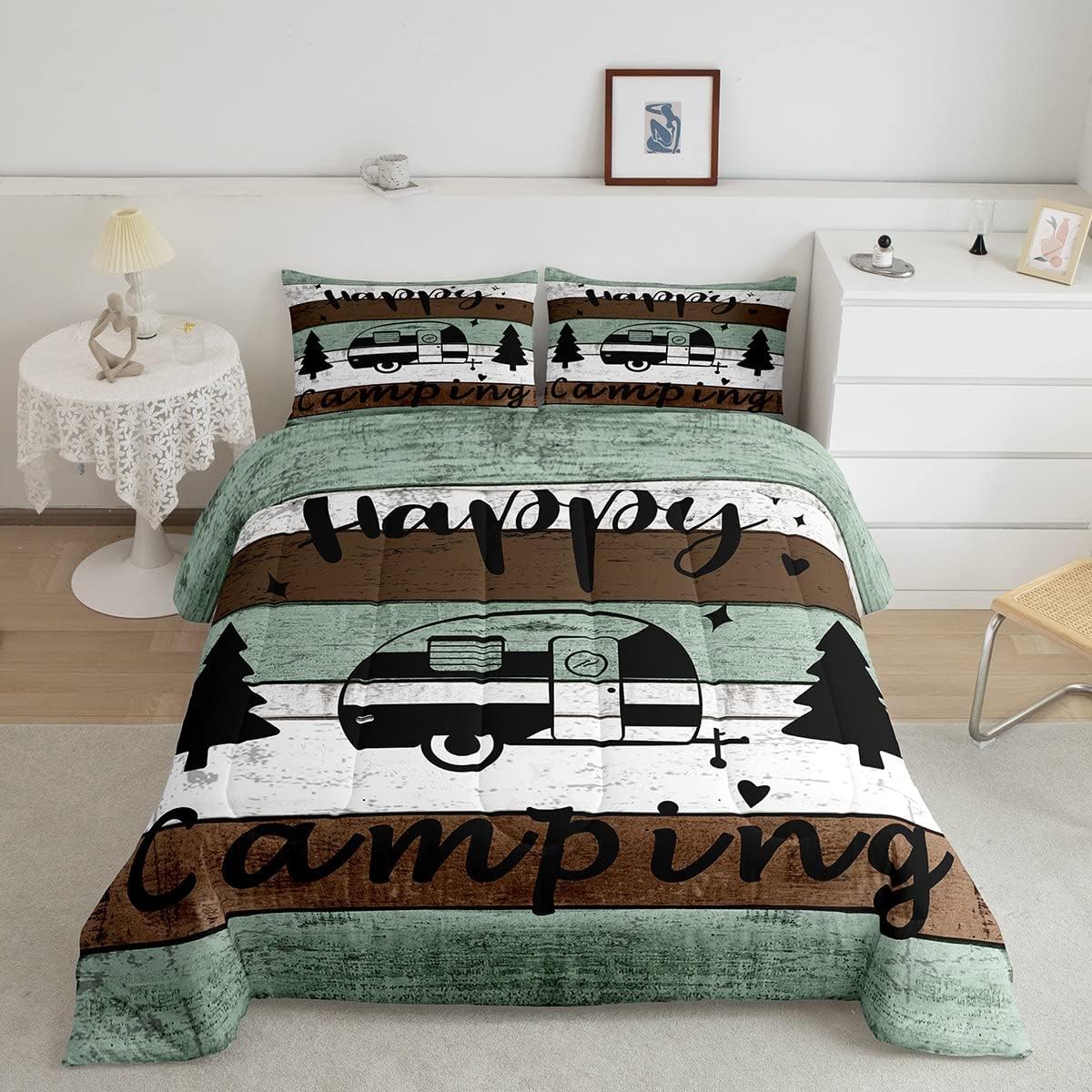 Camper Bedding Set for Girls Boys Children Kids Happy Camping Comforter Set Farmhouse Wooden Decor Comforter Brown Teal Blue Room Decor Toddler Cartoon RV Camping Car Quilt Set Twin Size 2Pcs