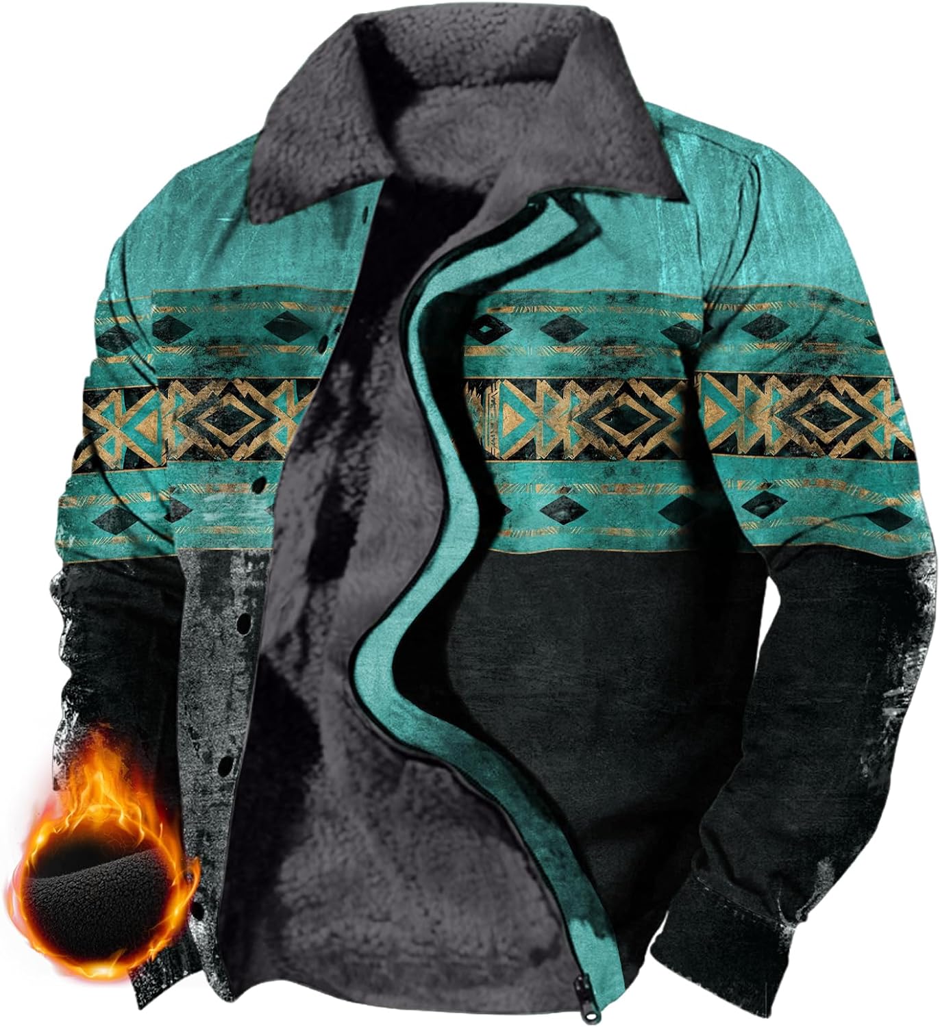 Western Cowboy Ethnic Jackets for Men Longhorns Graphic Fleece Zip Up Trucker Jackets Heavyweight Work Coat