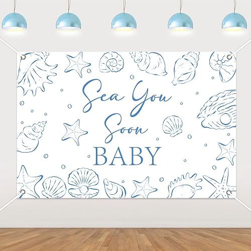 3 x 5 Ft Sea You Soon Baby Theme Backdrop, Coastal Nautical Photography Background Decor, Under The Sea Photo Booth Background Banner for Baby Shower Gender Reveal Party Supplies