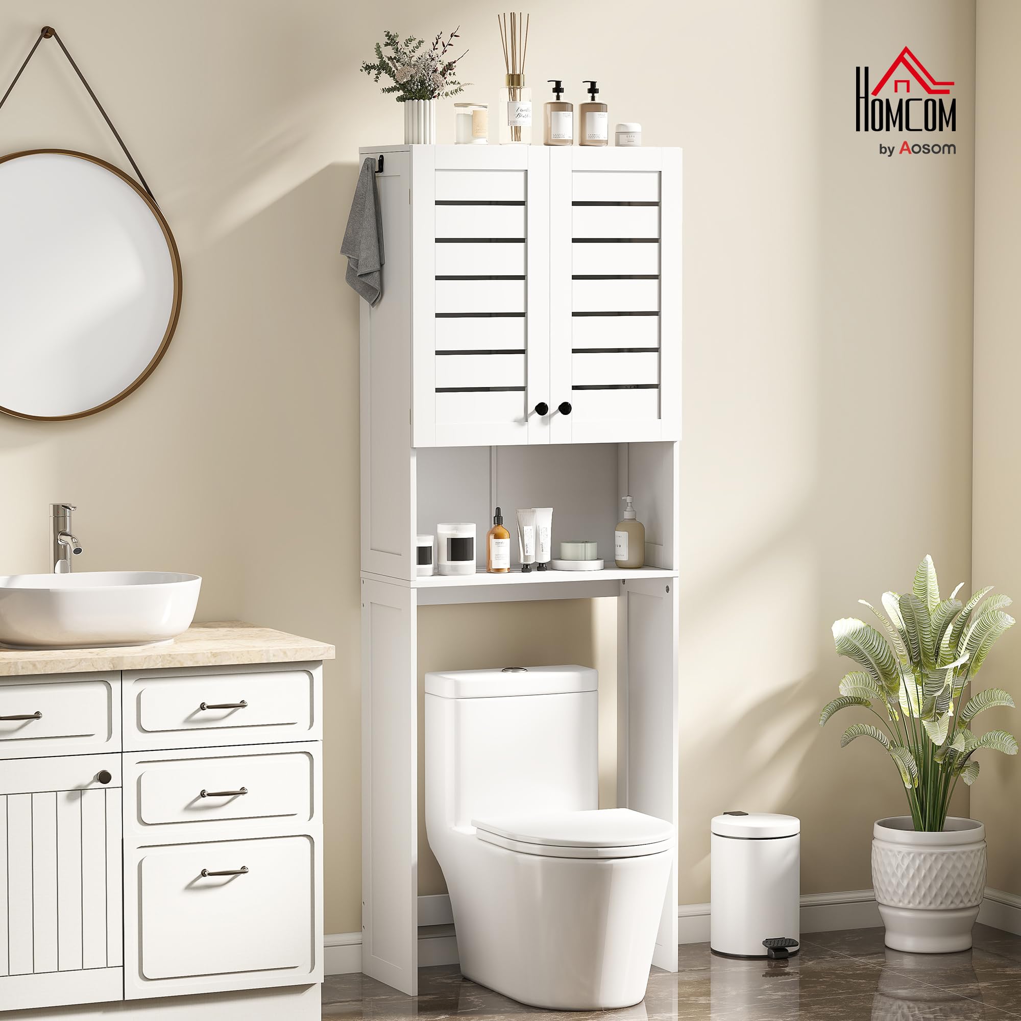 HOMCOM Mobile Sopra WC con Armadietto a 2 Ante e Ripiano Aperto, Mobile Bagno in MDF, Scaffale Sopra WC, 67x31.5x190 cm, Bianco