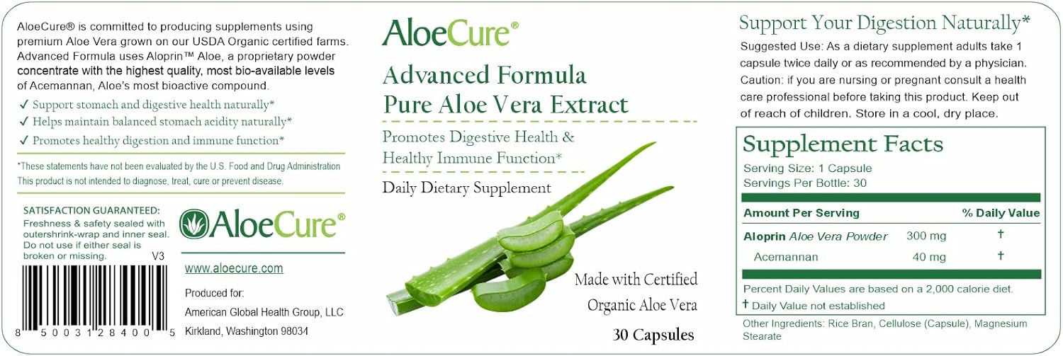 AloeCure Aloe Vera Capsules, Made with Organic Aloe Vera to Gently Support Gut Health & Digestive Comfort, Stomach Acid Buffer, Natural Immune Supplement, Aloin Free, 30 Capsules x 3-Bottles