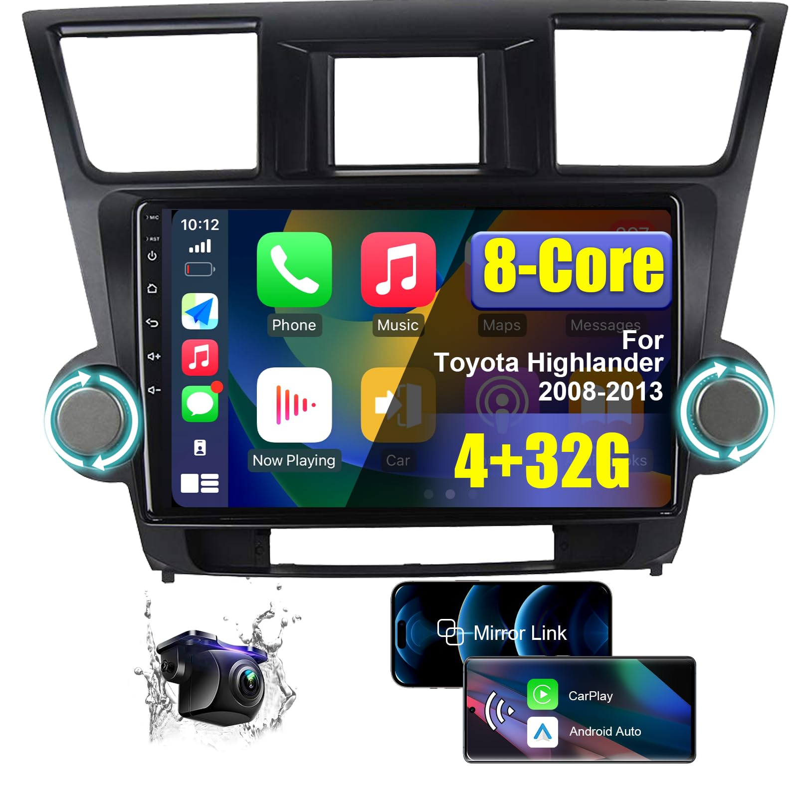 Photo 1 of 8 Core 4+32G Car Radio Stereo for Toyota Highlander 2008 2009 2010 2011 2012 2013 with Wireless CarPlay/Android Auto, 10.1 inch HD Touchscreen Android Car Radio with AM/FM/RDS Backup Camera SWC
