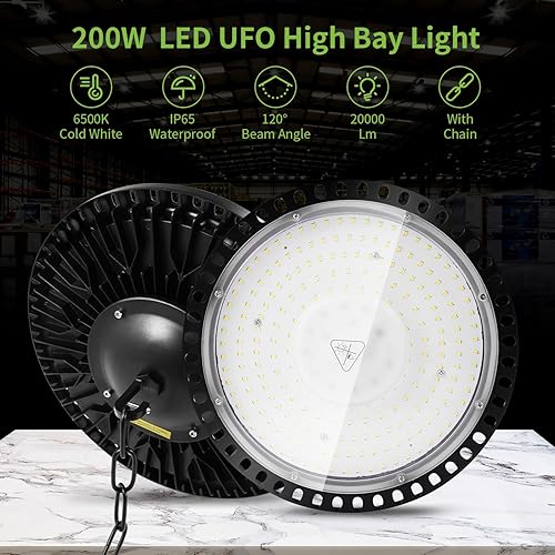 Miniatura 2 de Paquete de 15 luces LED UFO de 200 W 30000 lm para taller 5000 K Ip65 iluminación comercial de bahía con gancho de EE. UU./cadena colgante de 1.64
